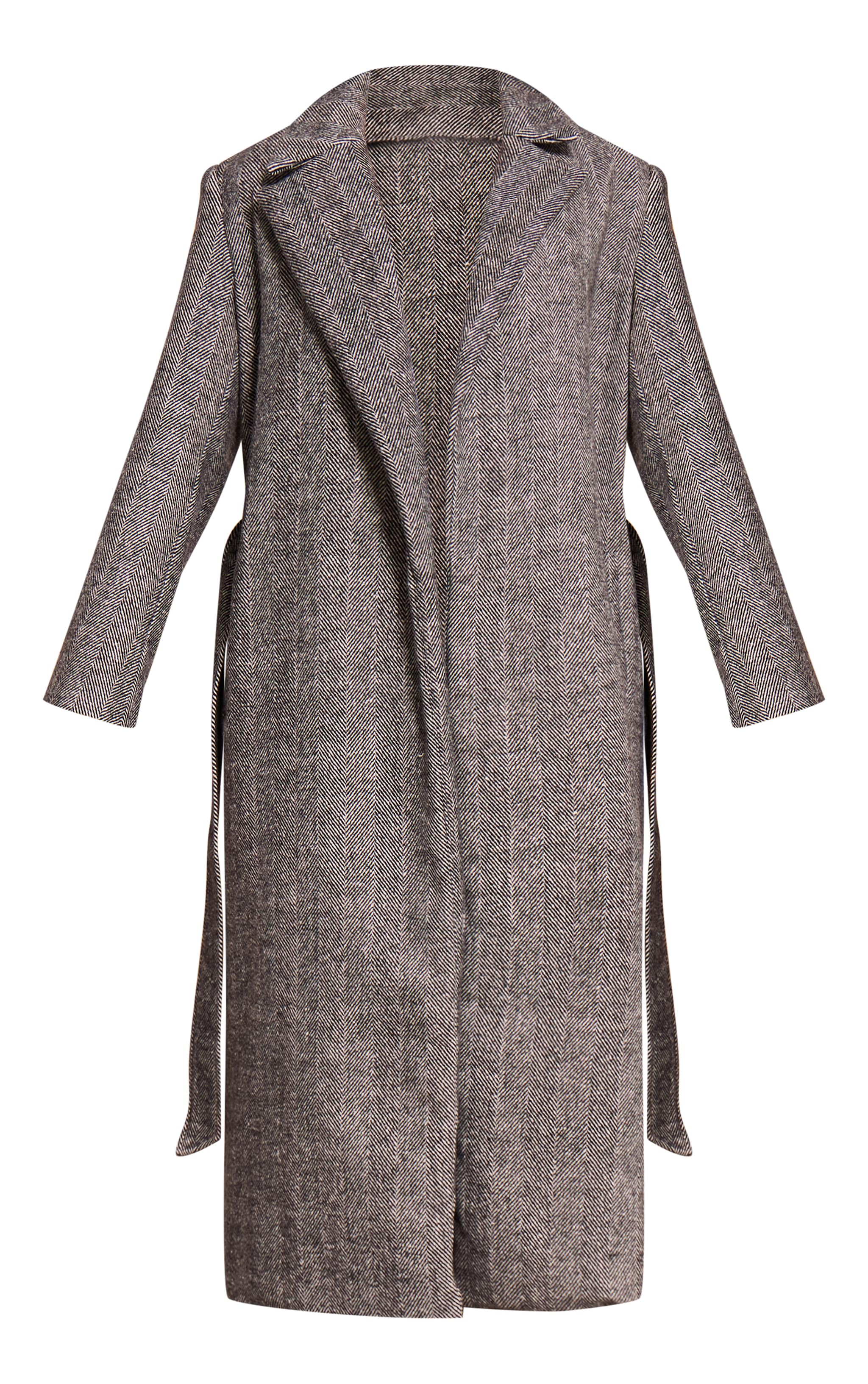 Black Herringbone Tie Waist Maxi Coat image 5