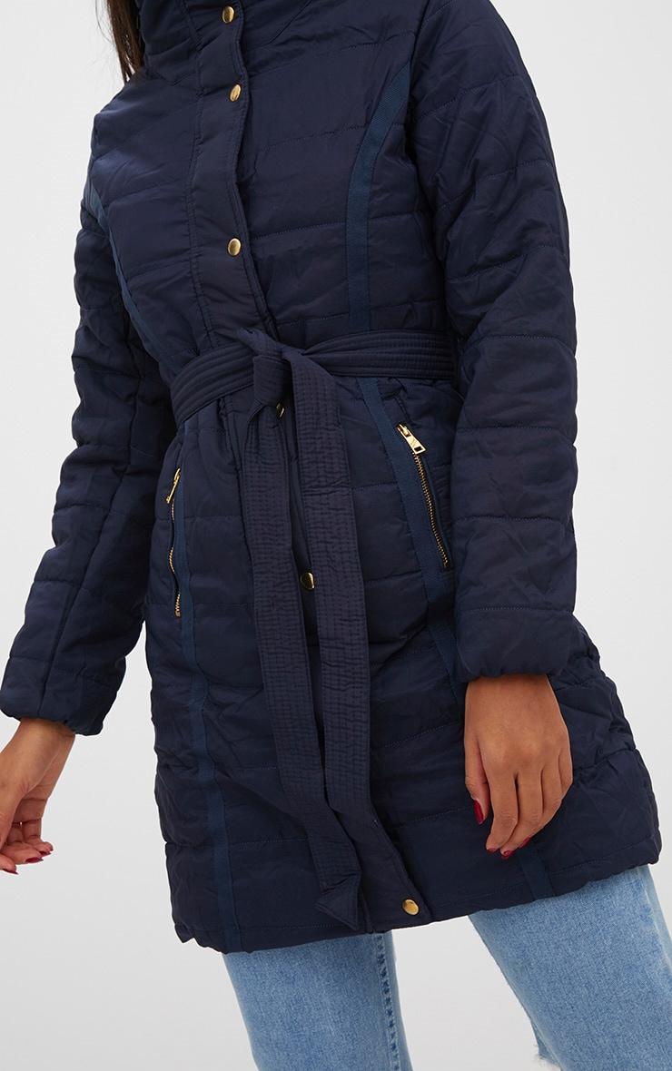 Navy Longline Belted Puffer Coat PrettyLittleThing USA