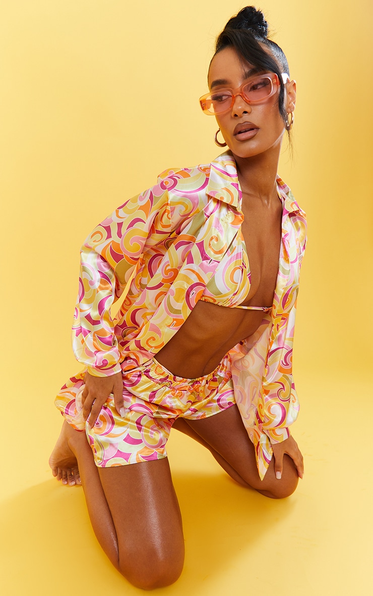 Yellow Abstract Swirl Print Satin Beach Shirt 1