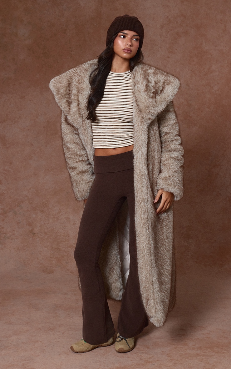 Light Brown Soft Rib Striped Detail Oversized Long Sleeve Top image 3