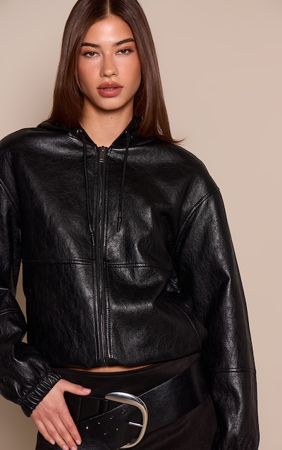 Black Soft Pu Zip Hooded Jacket