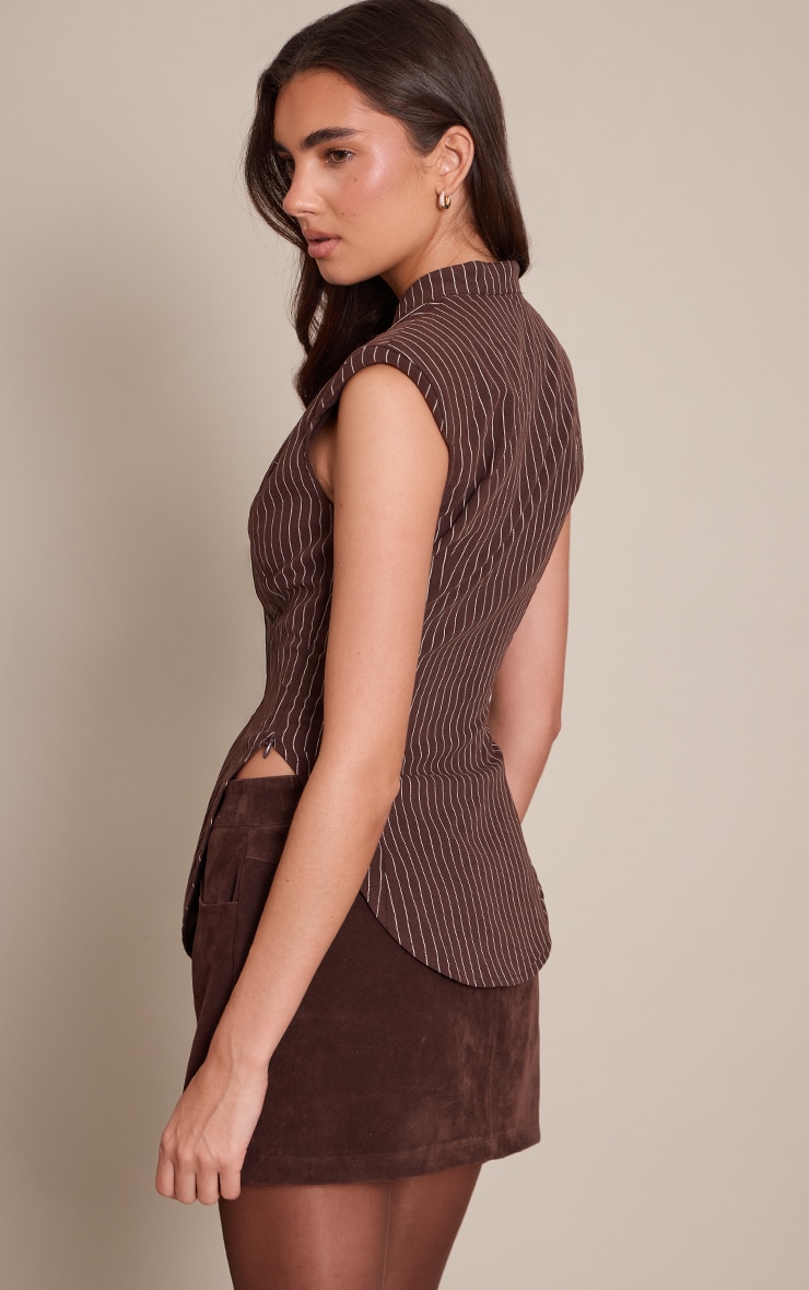 Brown Striped Shoulder Padded Fitted Sleeveless Shirt  image 2
