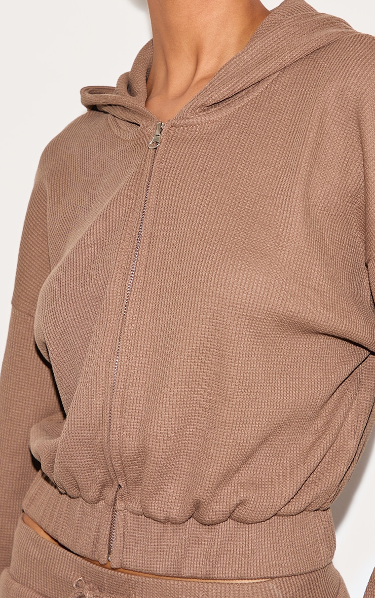 Brown Waffle Zip Up Cropped Hoodie | Co-ords