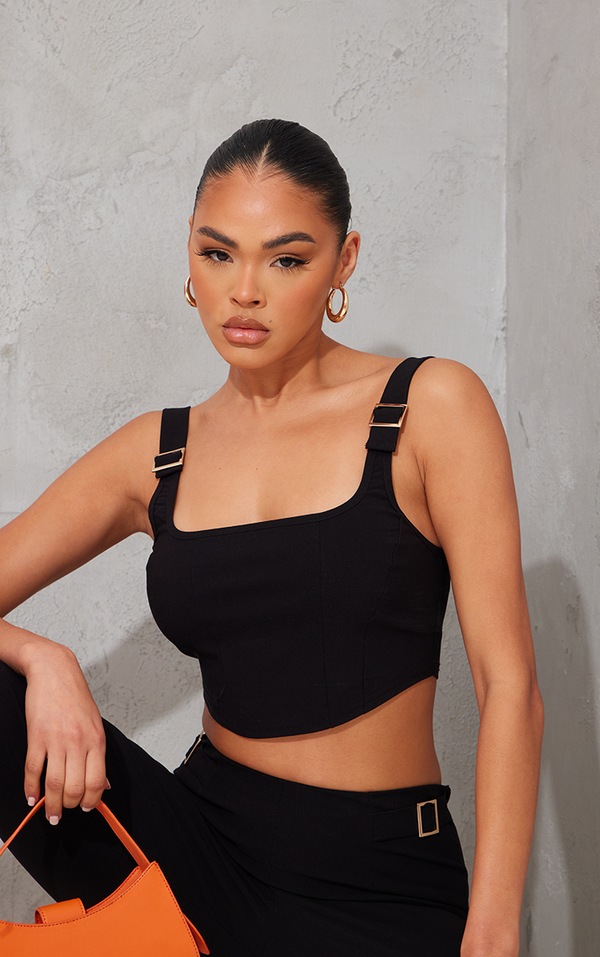 Black Stretch Woven Buckle Strap Detail Crop Top PrettyLittleThing