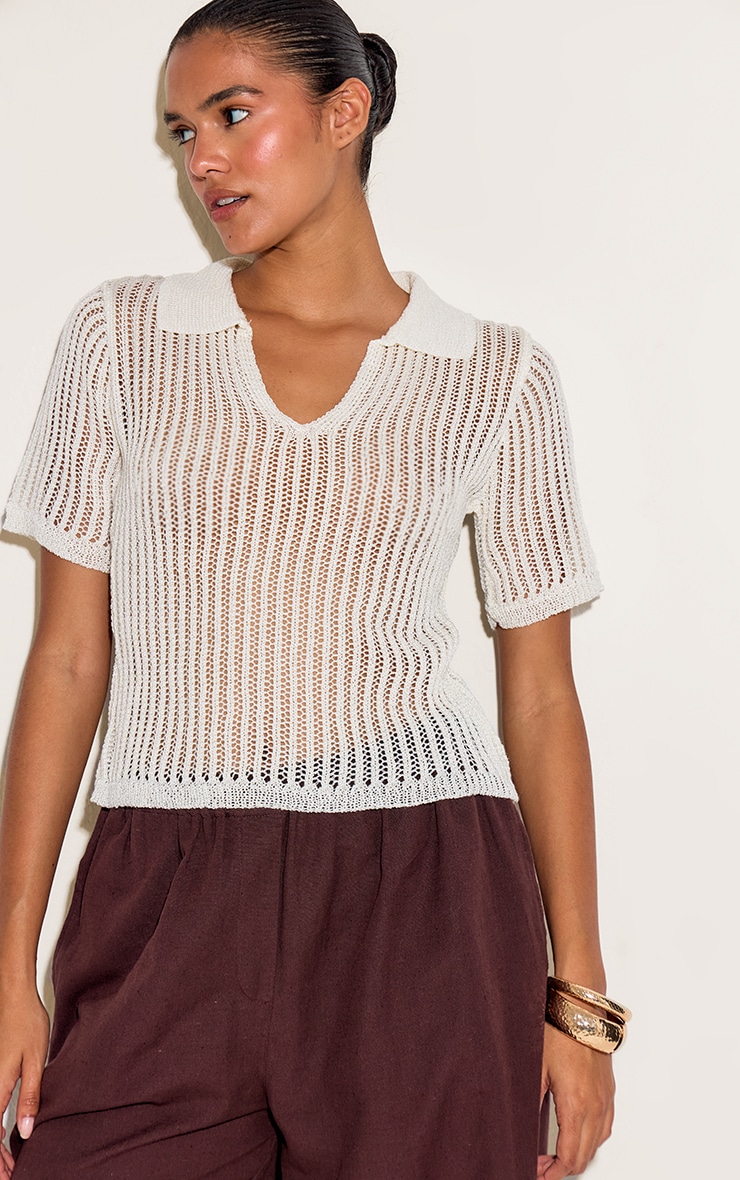 White V Neck Filagree Polo Top image 4