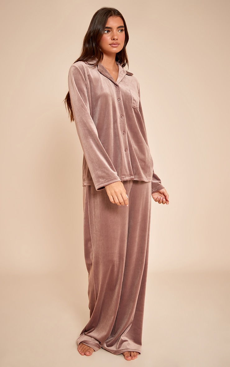Taupe Button Up Fleece Cord Style Pajama Set image 3