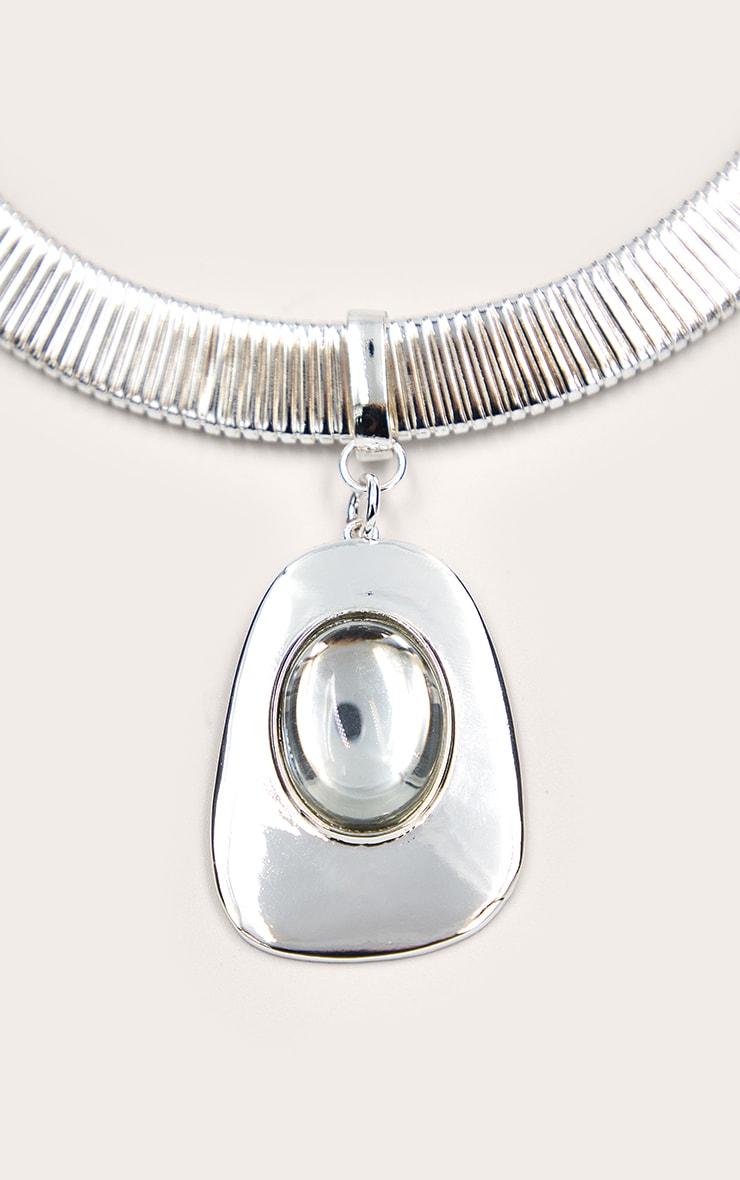 Silver Smooth Clear Stone Pendant Necklace image 2