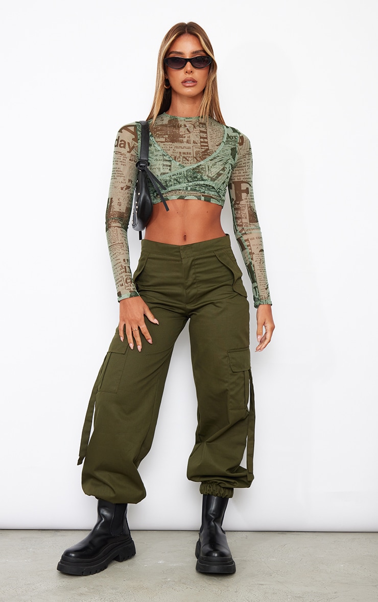 Dark Green Printed Mesh Wrap Over Crop Top image 1