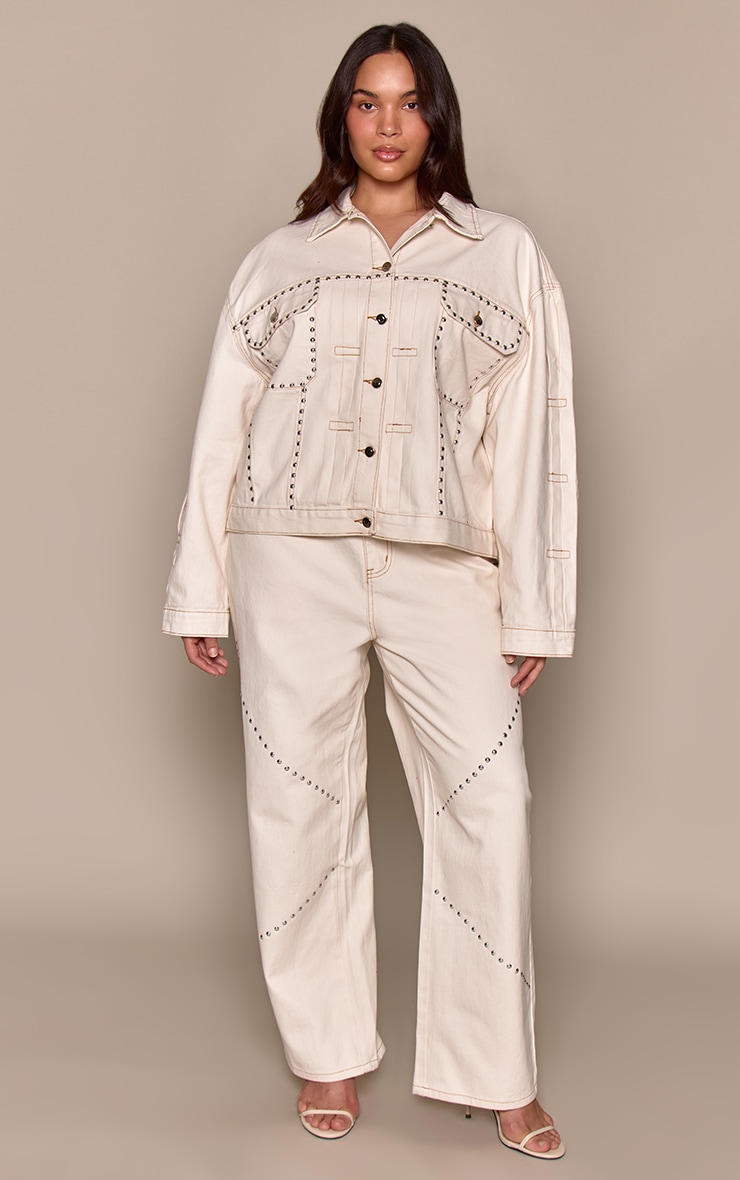 Plus Ecru Vintage Studded Wide Leg Denim Jean