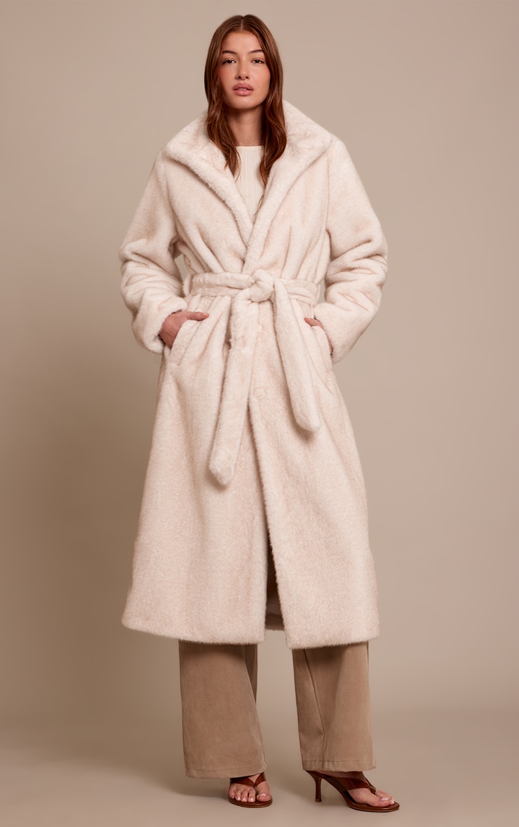 Cream Faux Fur Funnel Neck Maxi Coat image 3