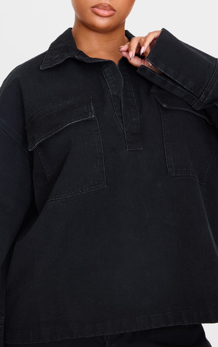 Plus Vintage Black Wash Pocket Detail Open Long Sleeve Shirt image 4