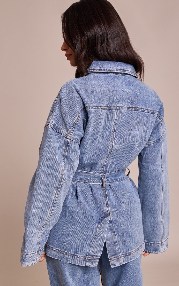 Petite Washed Mid Blue Denim Oversized Long Jacket image 2