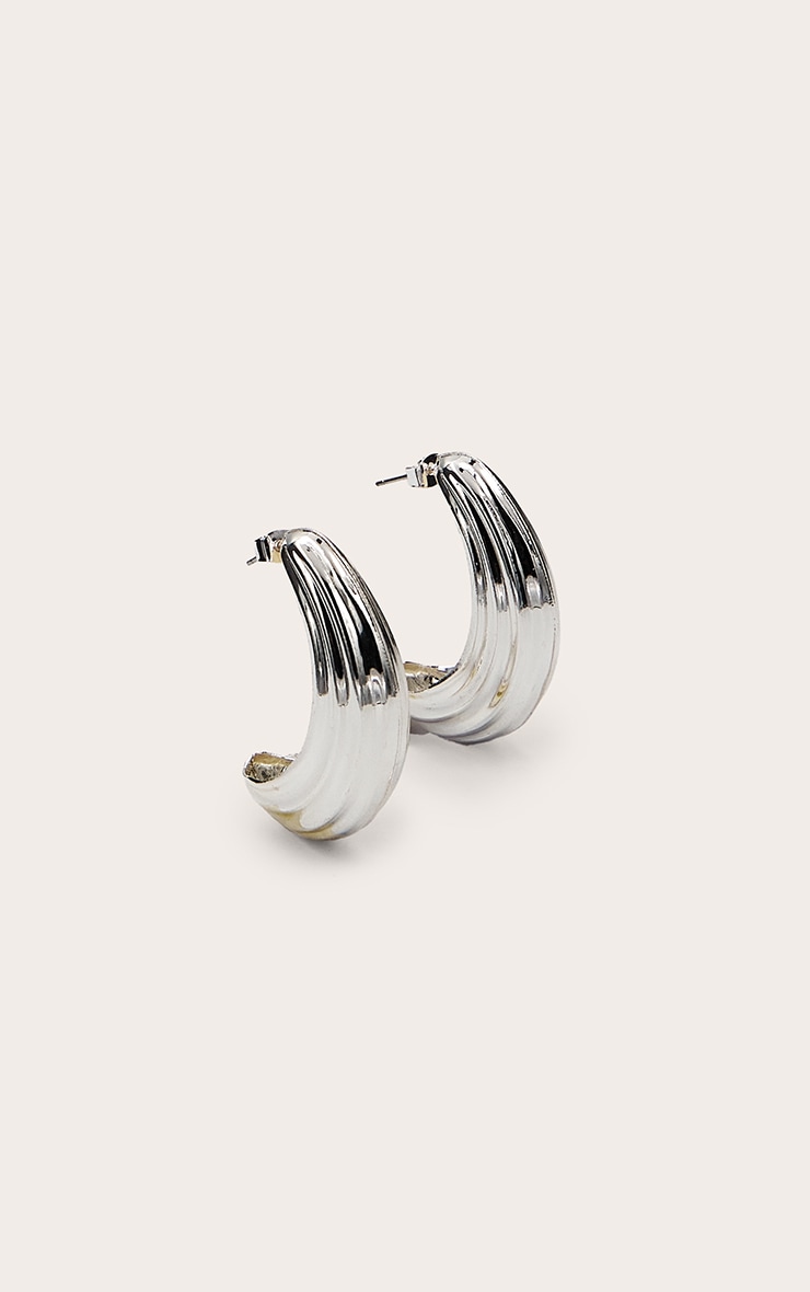 Silver Curved Textured Hollow Hoop Earrings image 2