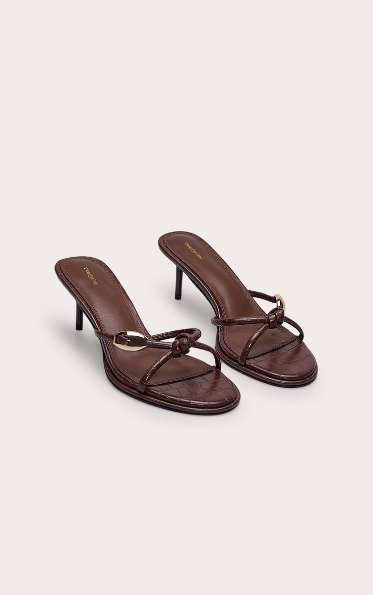 Chocolate Croc PU Knot Strap Kitten Heeled Mule image 3