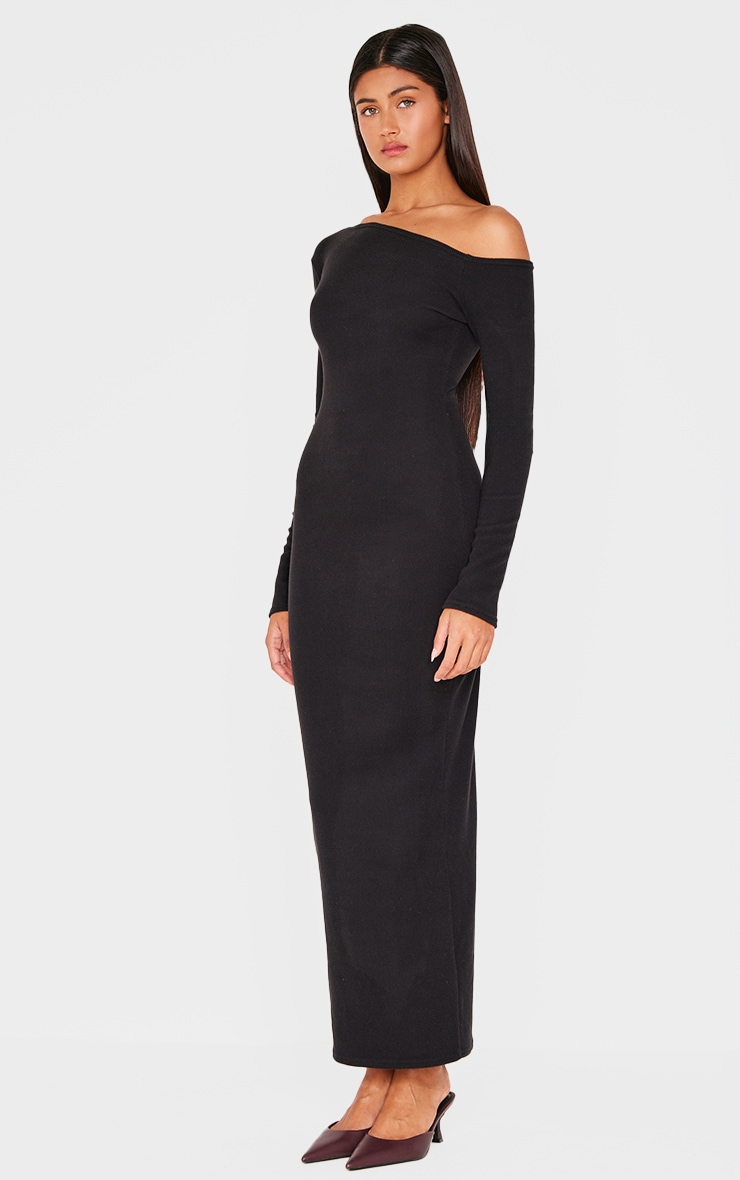 Black Ribbed Bardot Long Sleeve Maxi Dress image 3