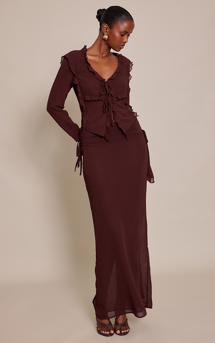 Dark Brown Ruched Chiffon Maxi Skirt image 2
