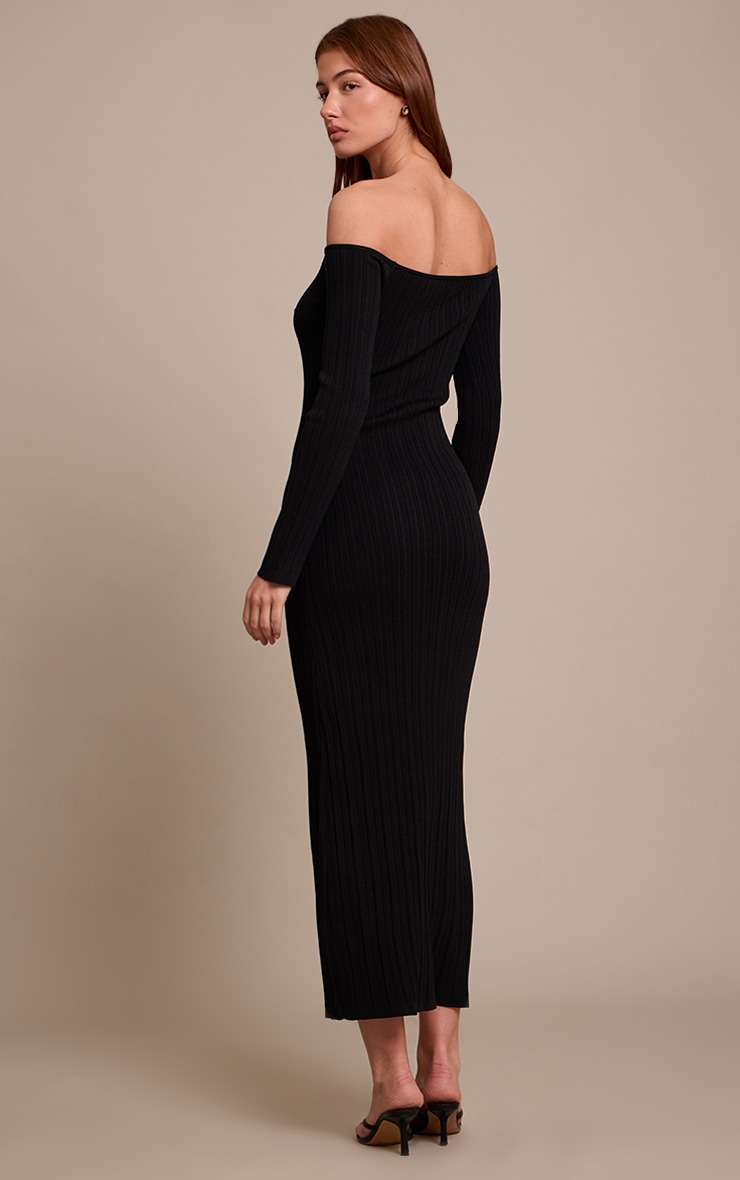 Black Fine Knit Off the Shoulder Maxi Dress image 2