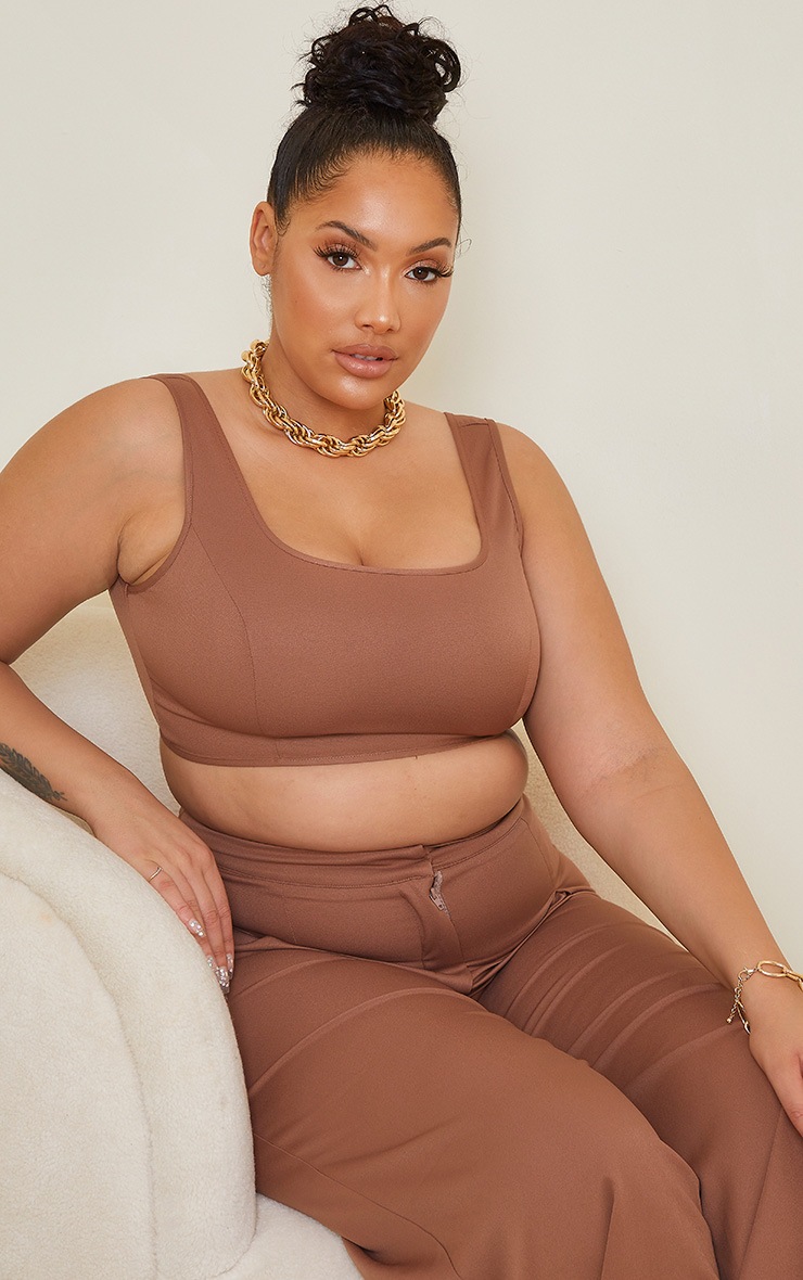 Plus Chocolate Brown Seam Detail Woven Crop Top