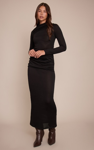 Black Wrap Details Long Sleeve Maxi Dress