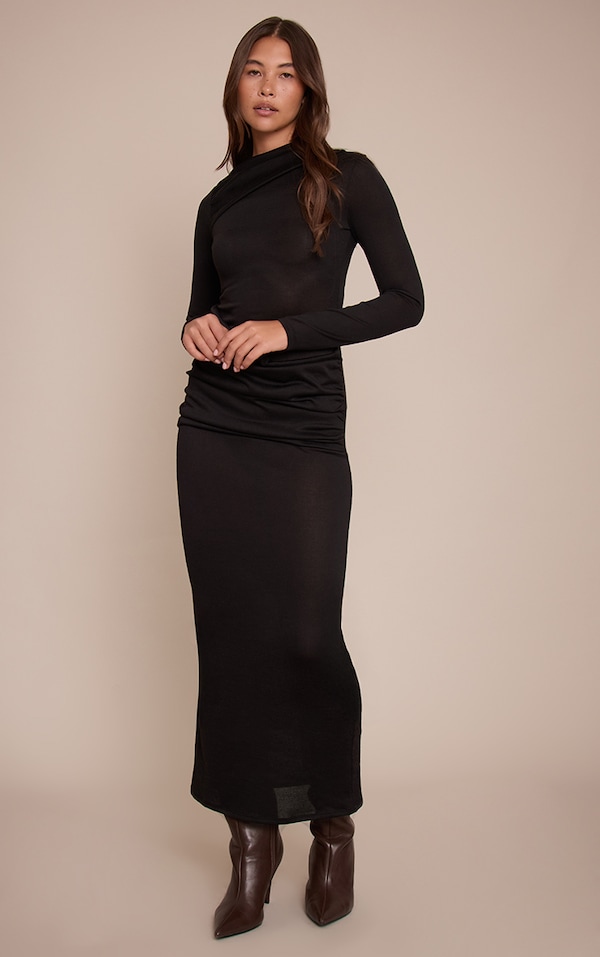 Black Wrap Details Long Sleeve Maxi Dress