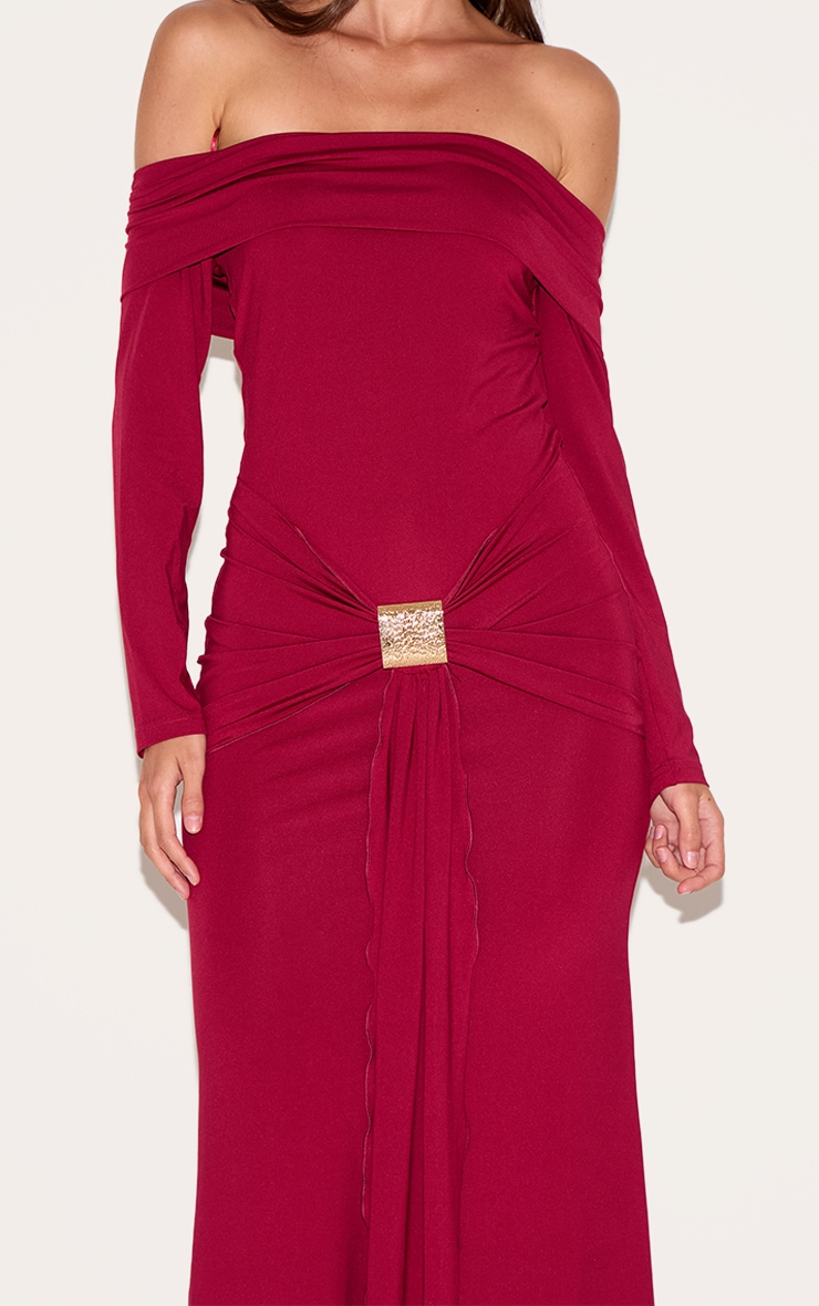 Deep Red Bardot Long Sleeve Trim Drape Detail Maxi Dress image 4