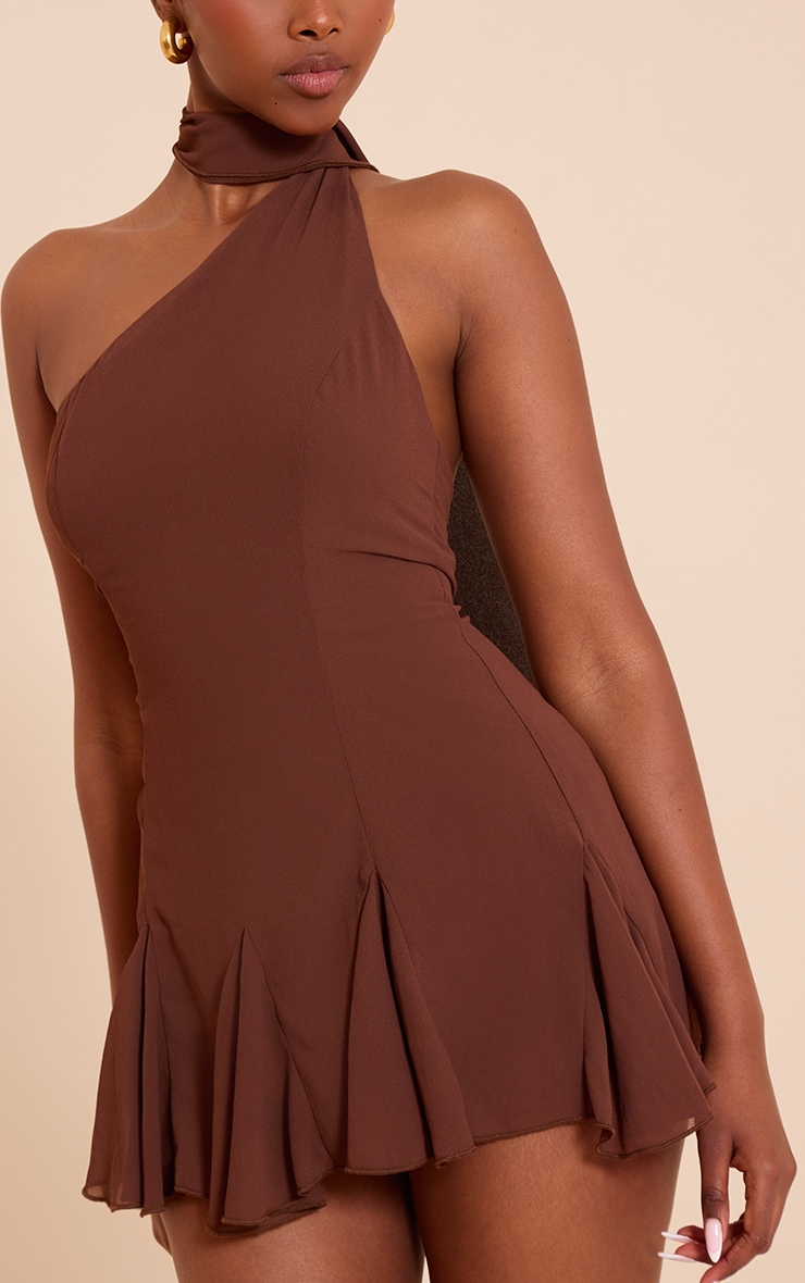 Chocolate Chiffon Godet Neck Scarf Skort Playsuit image 4