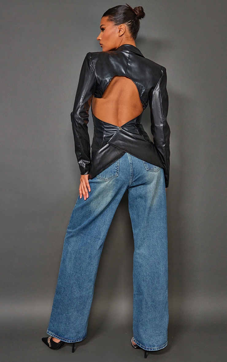 Black Open Back Faux Leather Blazer