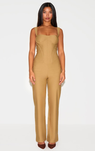 Combinaison droite tissée kaki à bretelles et lisérés style corset
