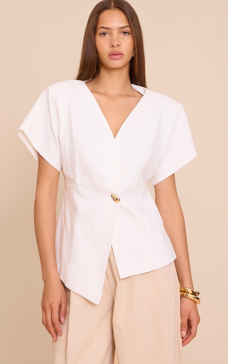 Off White Linen Look Short Sleeve Round Neck Blazer image 1