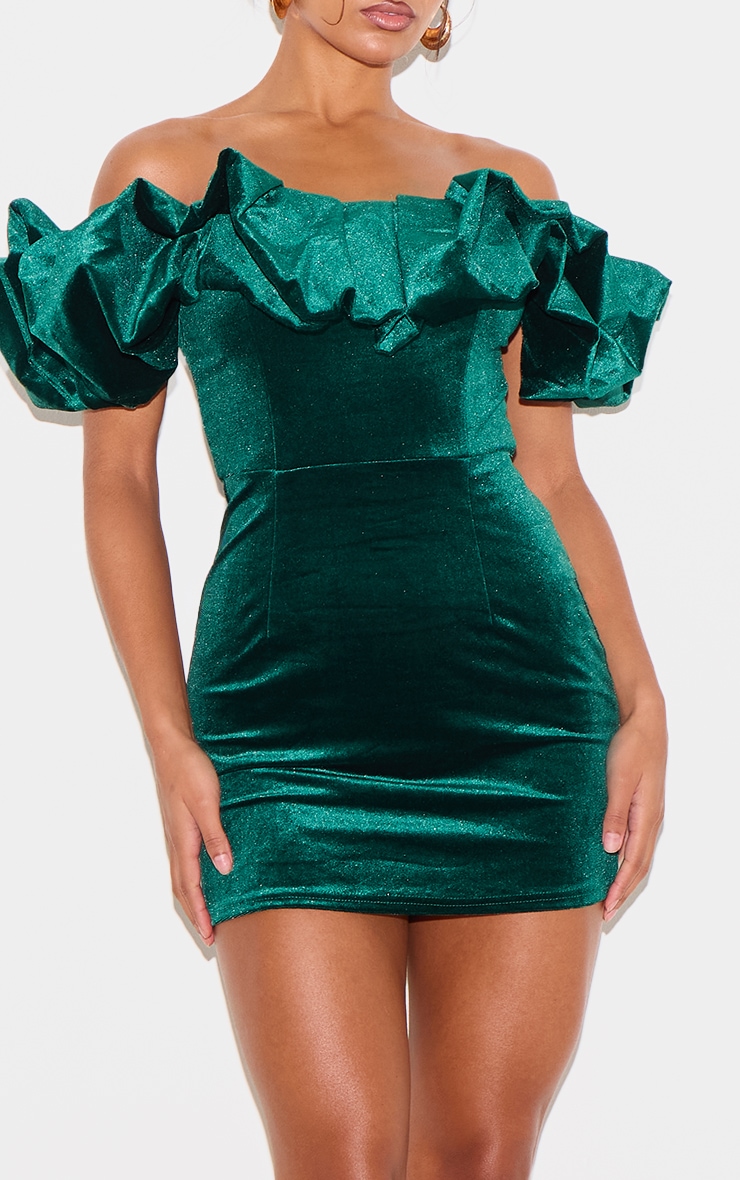 Emerald Green Velvet Bardot Ruffle Bodycon Dress image 4