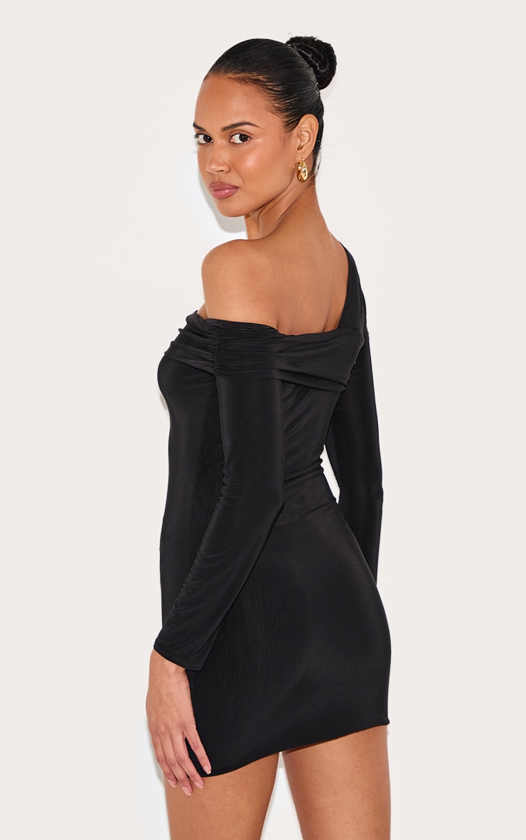 Black Double Layer Slinky Off Shoulder Mini Dress image 2