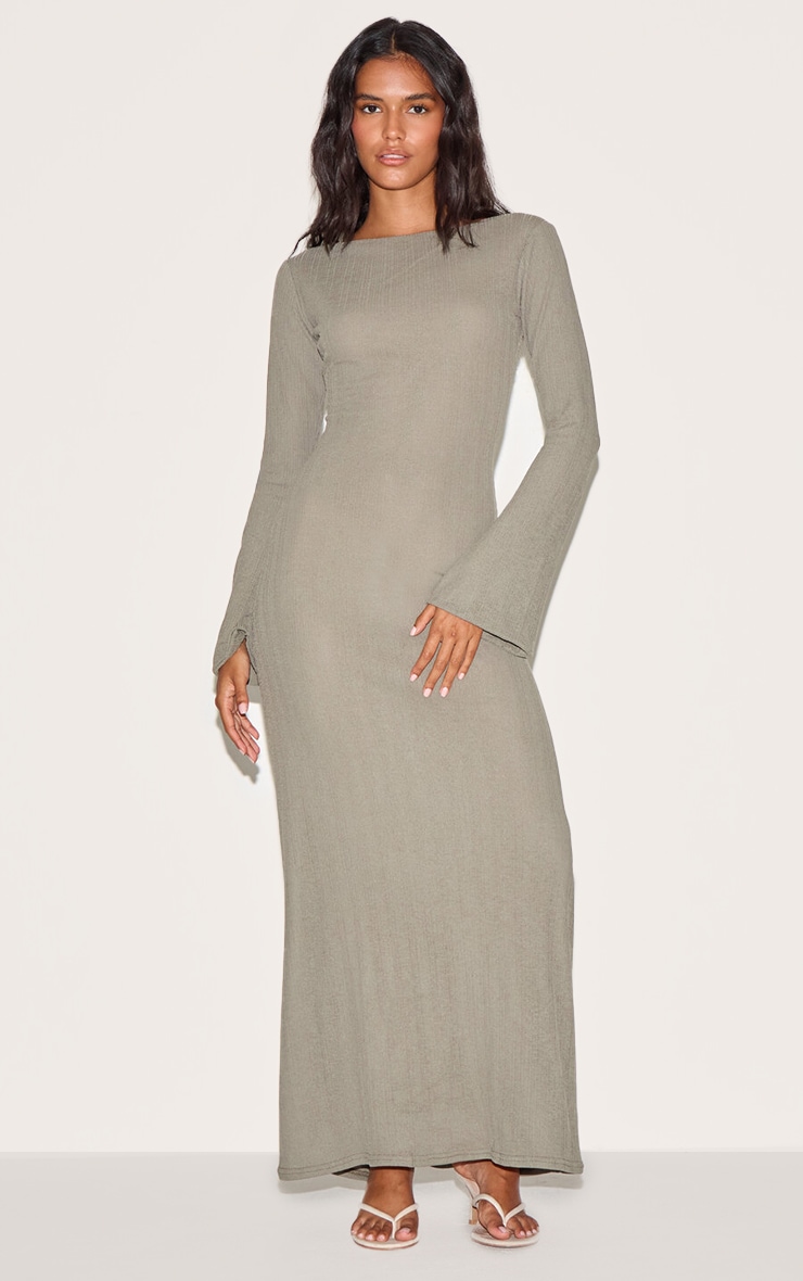 Khaki Textured Boat Neck Long Sleeve Bodycon Maxi Dress