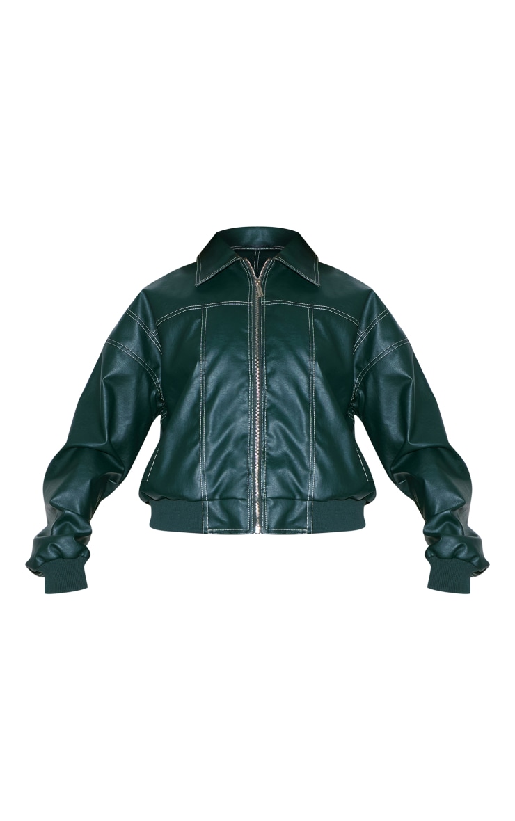 Veste de motard en PU vert forêt à coutures contrastantes image 5