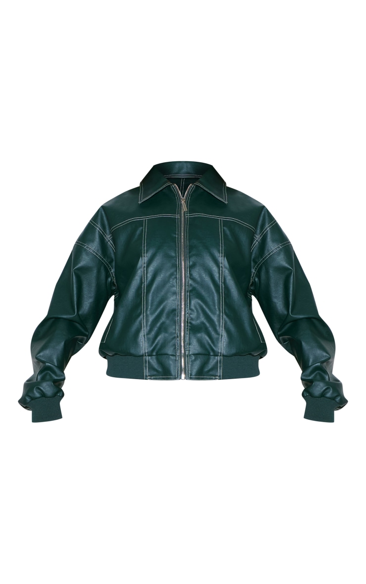 Forest Green Faux Leather Stitch Detailing Biker Jacket image 5