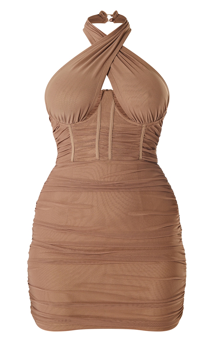 Taupe Mesh Halterneck Underbust Corset Detail Bodycon Dress image 5