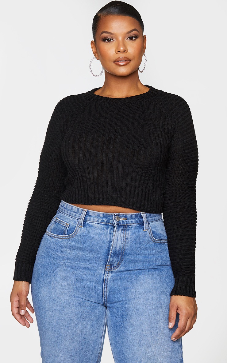 Plus Black Cropped Rib Knit Sweater