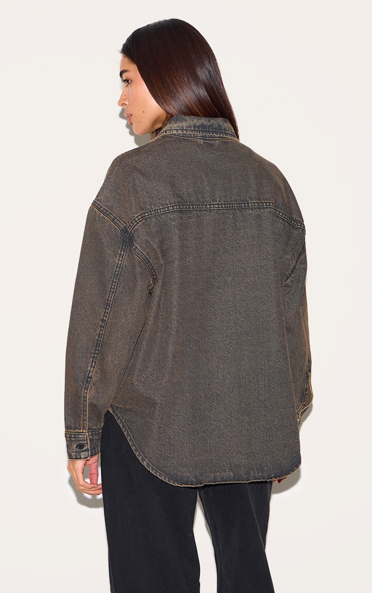 Vintage Brown Dip Hem Button Up Denim Shirt image 2