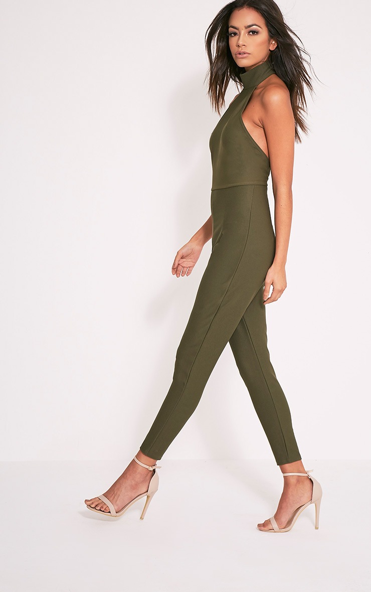 Aliana Khaki Backless Jumpsuit Jumpsuits PrettyLittleThing