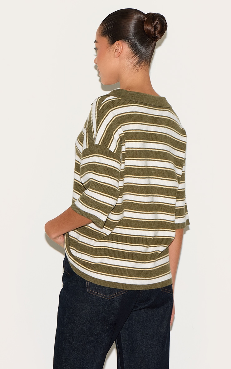 Khaki Stripe Soft Knit V Neck Collar Polo Top image 2