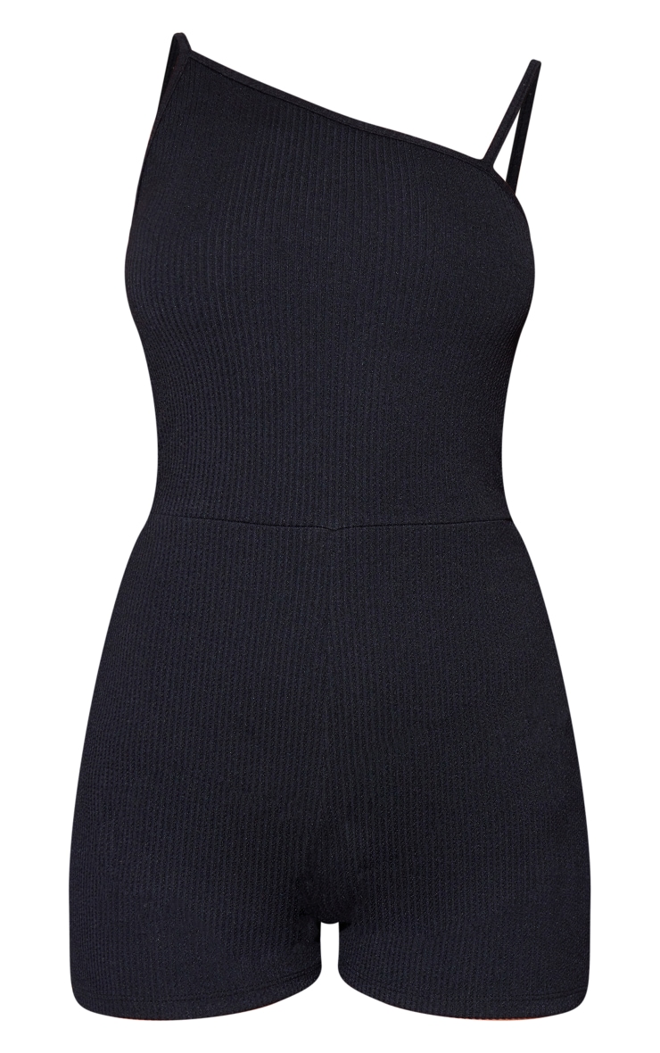 Black Crinkle Rib Asymmetric Neck Romper image 5