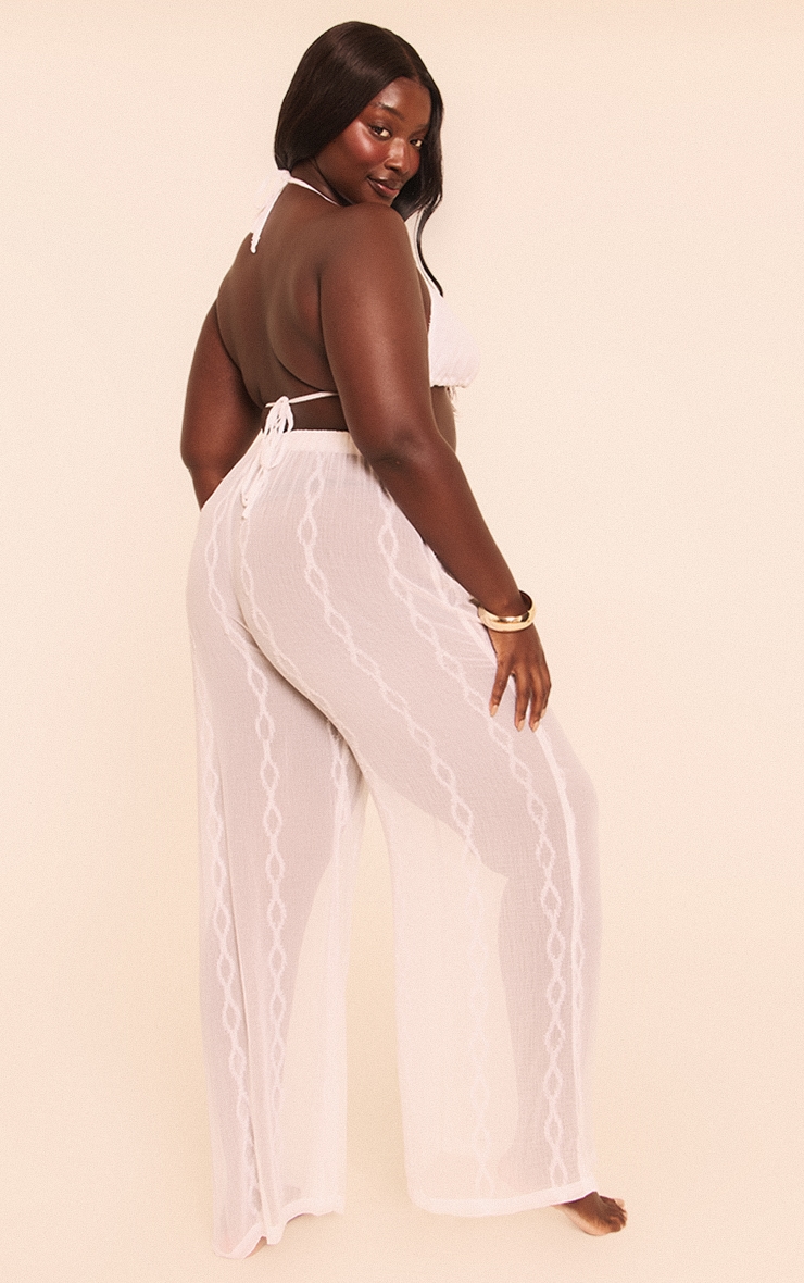 Plus White Textured Chiffon Triangle Beach Top And Pant Set image 2