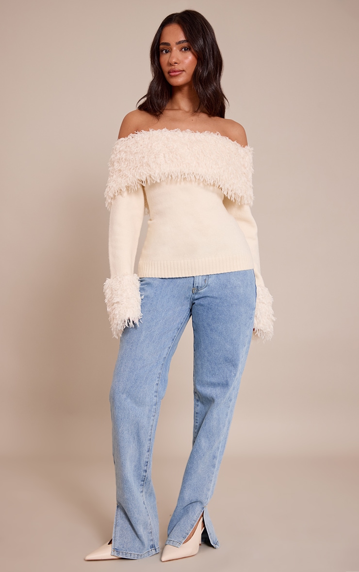 Petite Cream Feather Trim Detail Knitted Bardot Top image 3