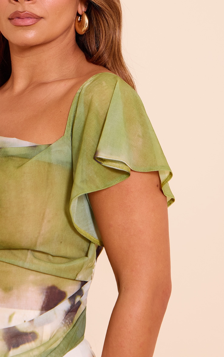 Shape Green Abstract Printed Mesh Asymetrical Top | Shape