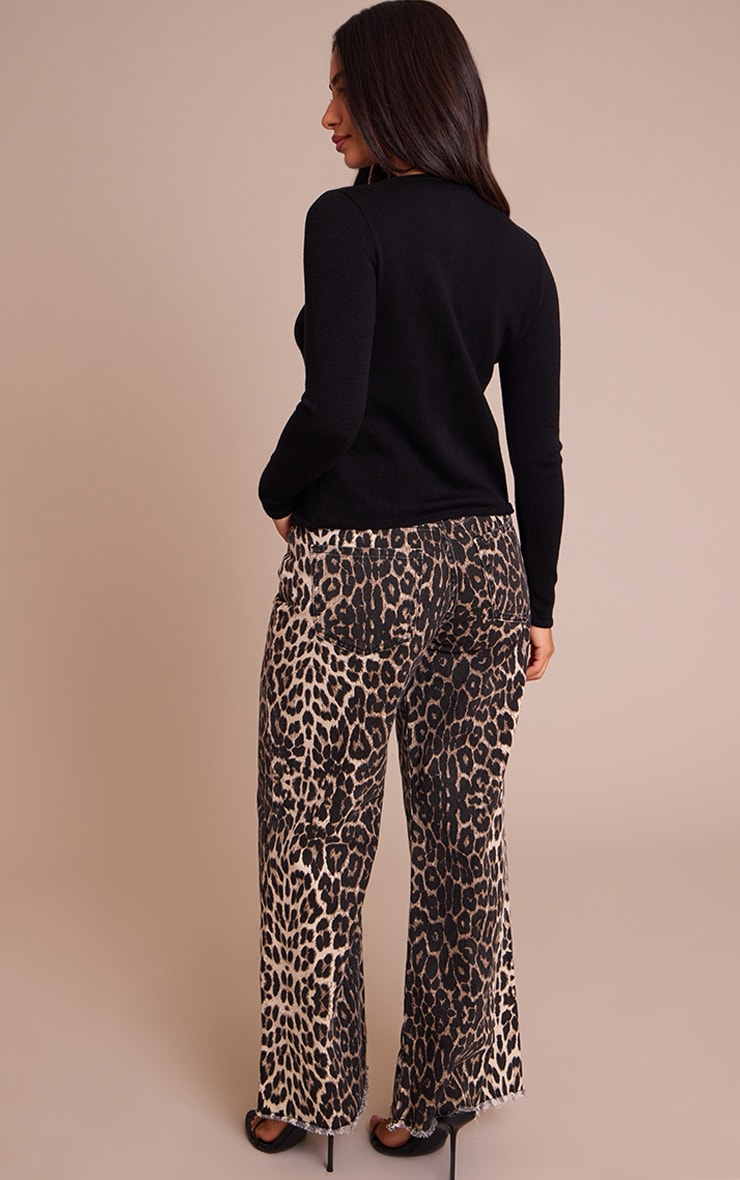 Petite Brown Leopard Print Denim Wide Leg Jeans image 3
