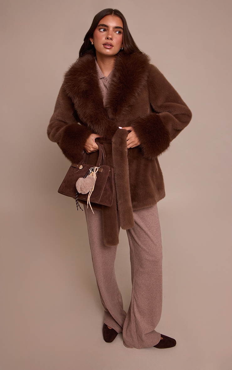 Chocolate Plush Faux Fur Self Tie Coat image 3