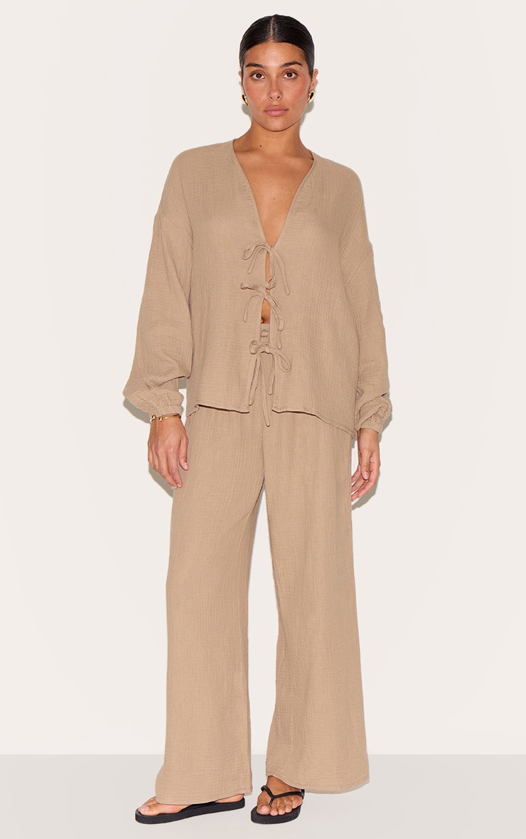 Petite Mushroom Cheesecloth Textured Tie Front Shirt image 3