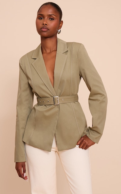 Blazer sauge à lisérés structurants et taille nouée