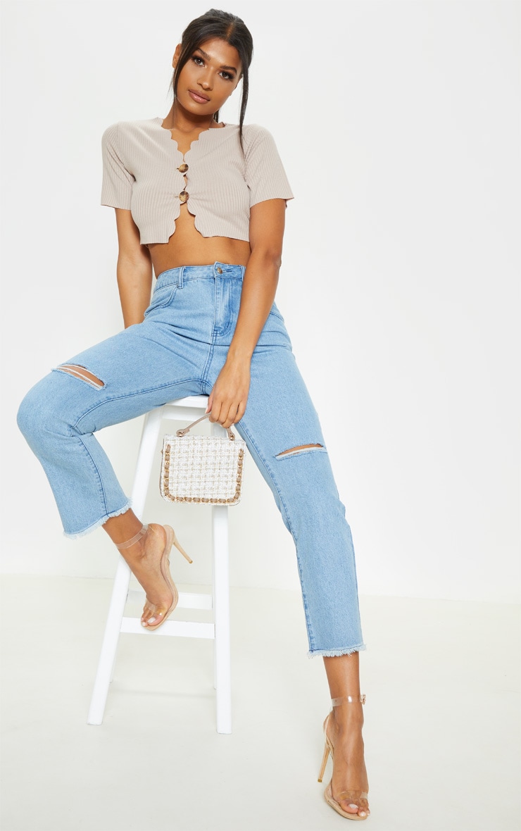 Stone Rib Scallop Hem Button Front Crop Top PrettyLittleThing USA