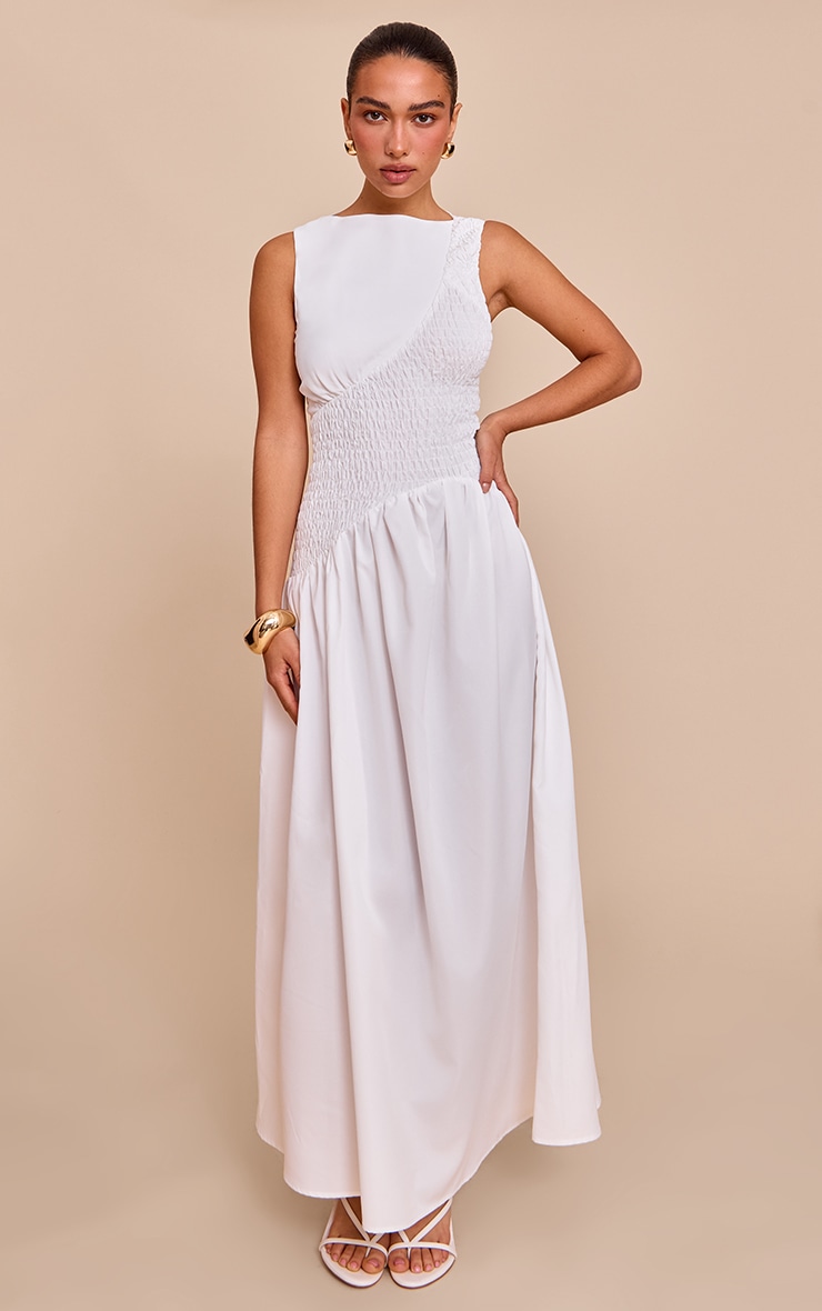 White Shirred Detail Sleeveless Maxi Dress image 1