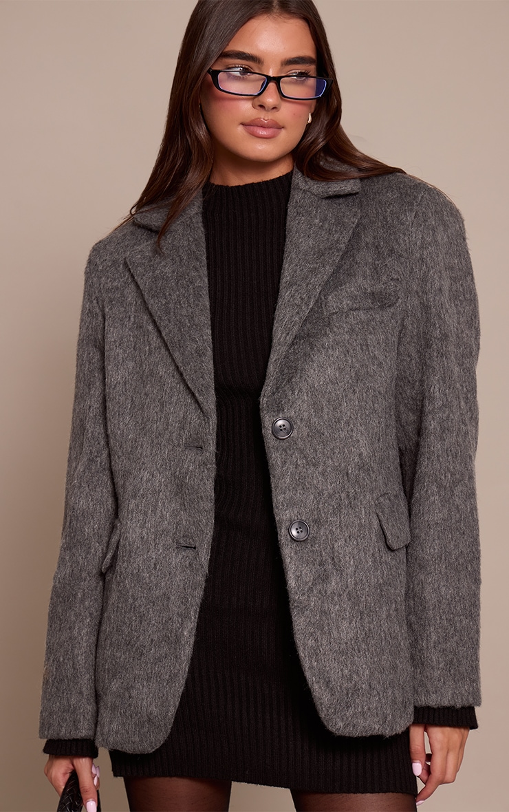 Charcoal Brushed Wool Look Oversized Blazer image 1